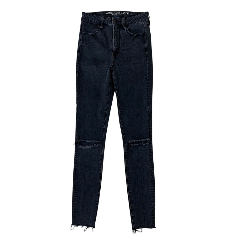 American Eagle Gray Super Hi Rise Jegging 6 X-Long Distressed Raw Hem‎ Stretch